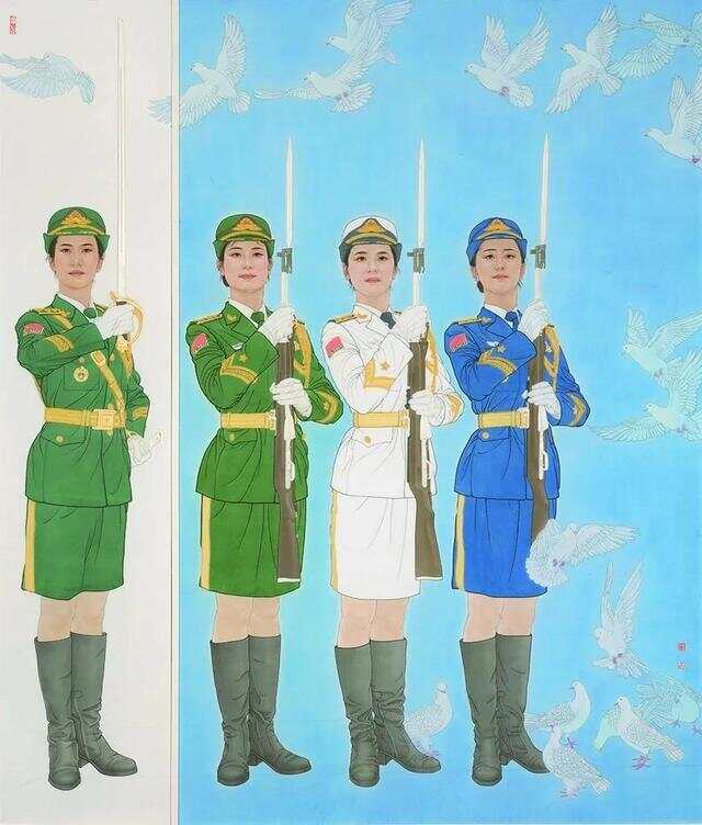 中国女兵仪仗队油画，荣耀与力量的艺术展现，中国女兵仪仗队油画，荣耀与力量的艺术诠释